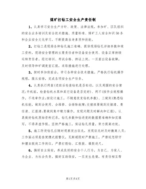 煤矿打钻工安全生产责任制(3篇)