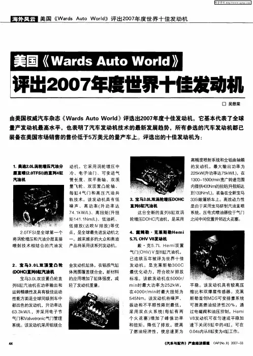 美国《Wards Auto World》评出2007年度世界十佳发动机