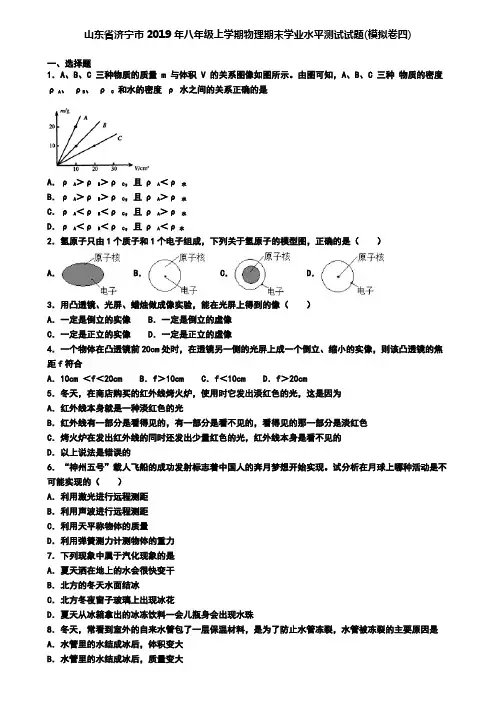 山东省济宁市2019年八年级上学期物理期末学业水平测试试题(模拟卷四)