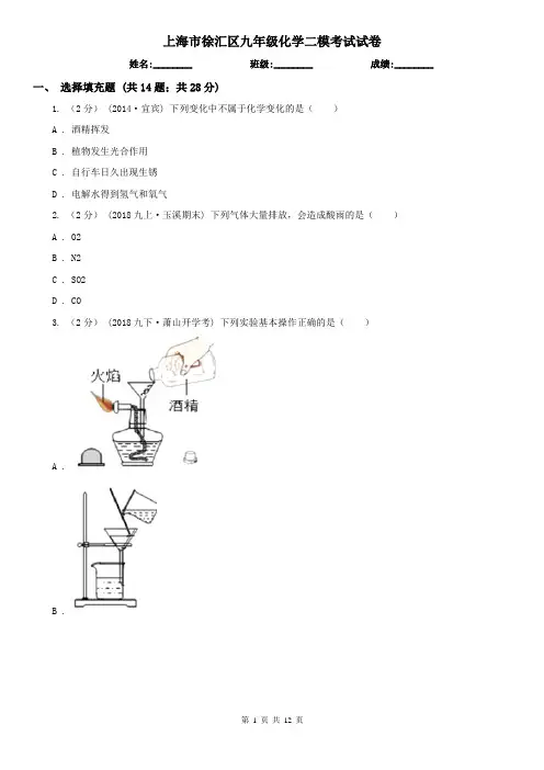 上海市徐汇区九年级化学二模考试试卷