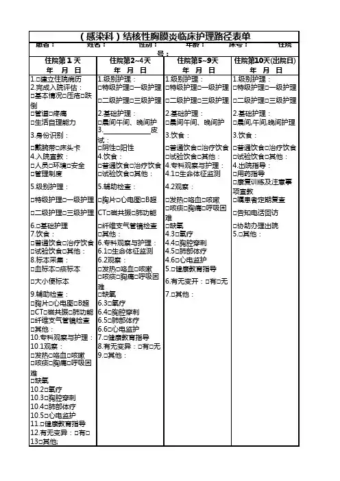 (感染科)结核性胸膜炎临床护理路径表单