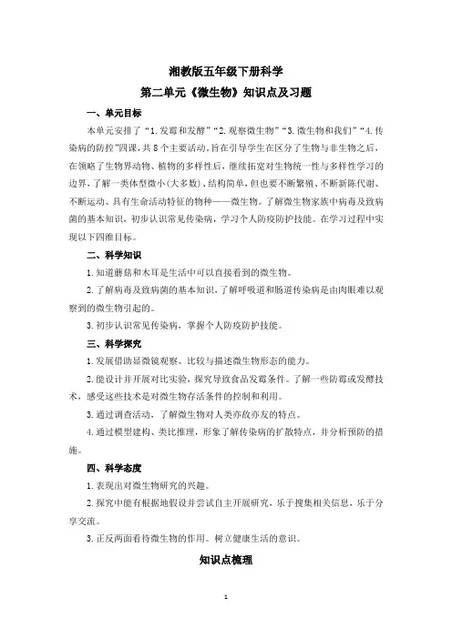湘教版五年级下册科学第二单元《微生物》知识点及习题