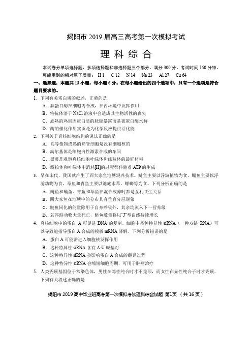 揭阳市2019届高三高考第一次模拟考试理科综合试题及答案