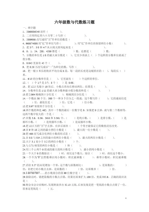 新人教版六年级下册第二学期六年级数与代数练习题