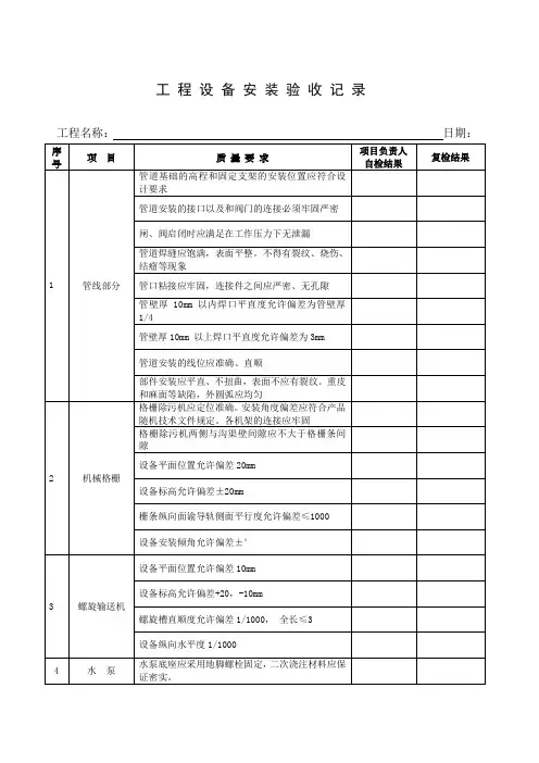 污水处理工程设备安装验收记录