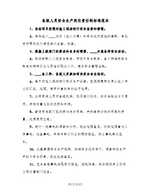 各级人员安全生产岗位责任制标准范本(三篇)