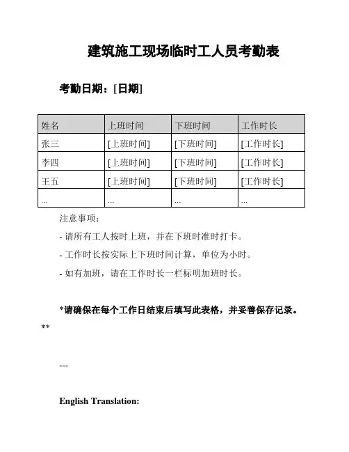建筑施工现场临时工人员考勤表