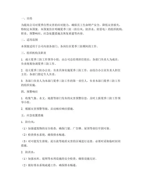 夏季三防安全应急预案