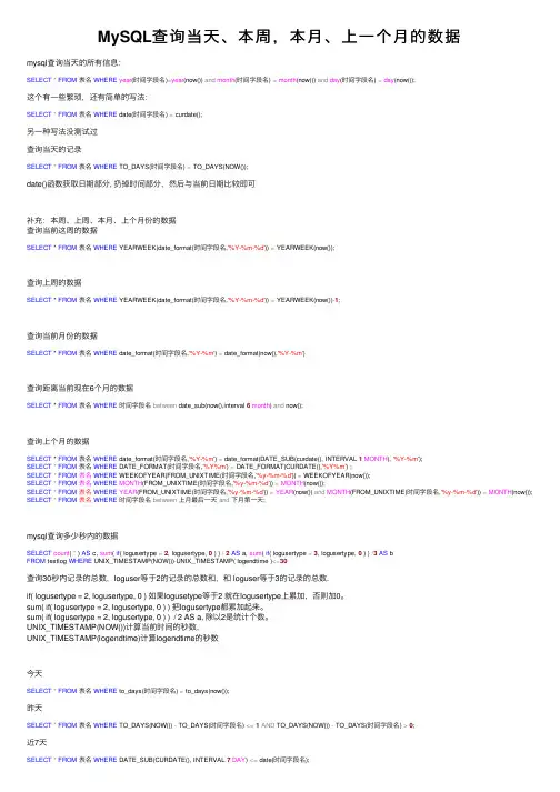 MySQL查询当天、本周，本月、上一个月的数据