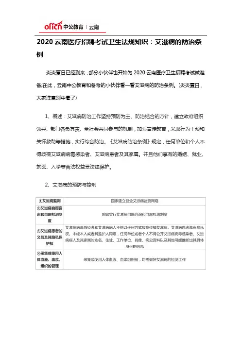 2020云南医疗招聘考试卫生法规知识：艾滋病的防治条例