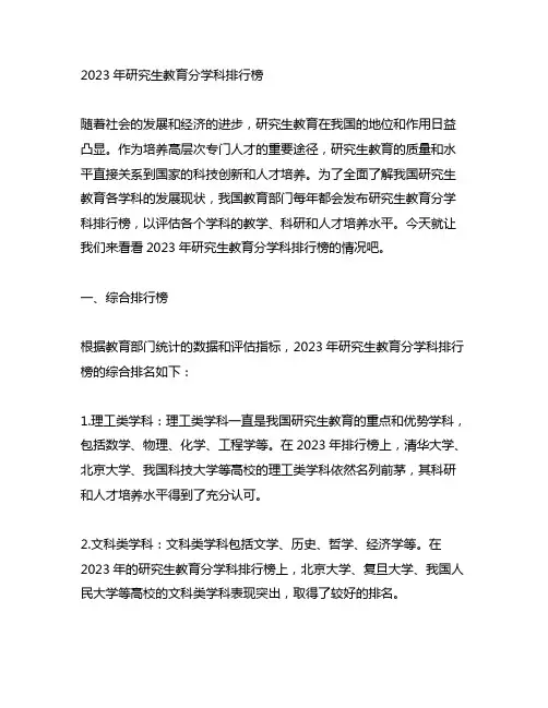2023年研究生教育分学科排行榜