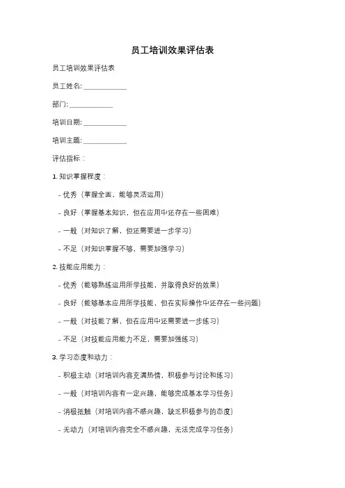 员工培训效果评估表