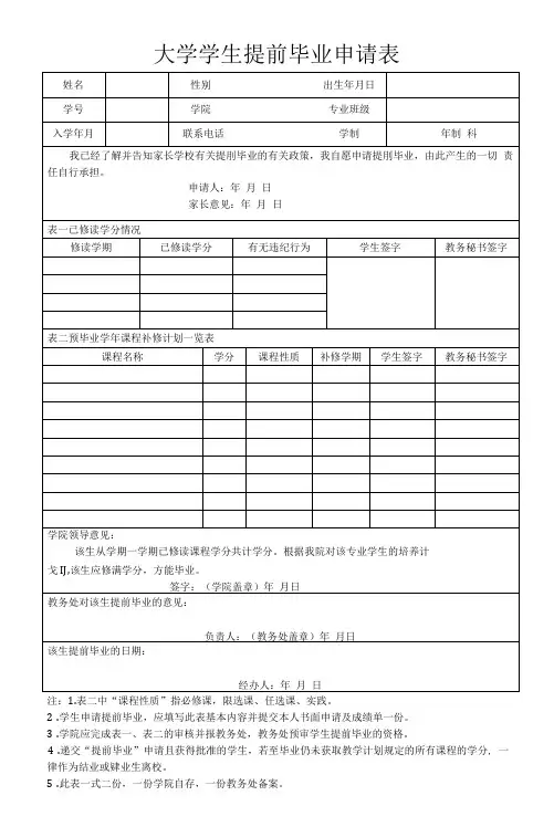 大学学生提前毕业申请表