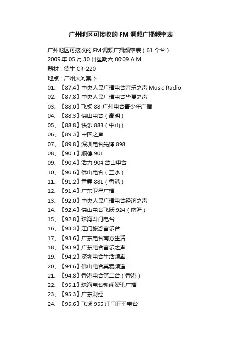 广州地区可接收的FM调频广播频率表