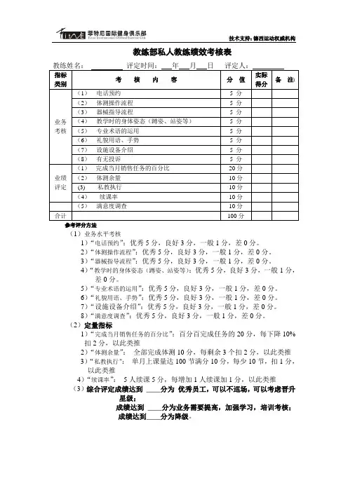 教练部私人教练绩效考核表