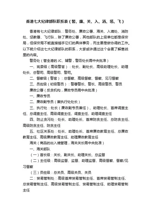 香港七大纪律部队职系表（警、廉、关、入、消、惩、飞）