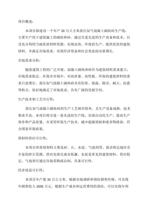 年产30万立方米蒸压加气混凝土砌块砖建设项目可行性报告
