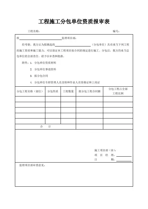 工程施工分包单位资质报审表