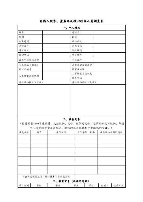 股东、董监高及核心技术人员调查表