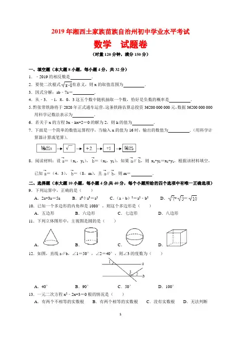 2019年湖南省湘西州中考数学试题及参考答案(word解析版)