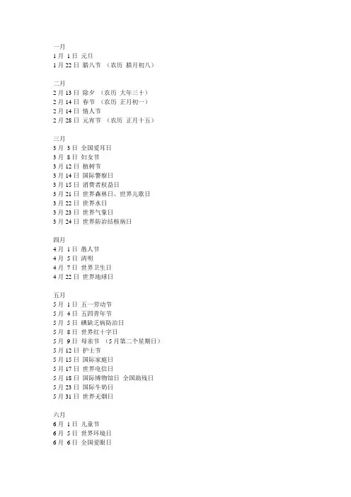每月纪念日和节日汇总