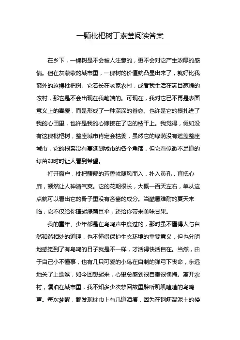 一颗枇杷树丁素莹阅读答案