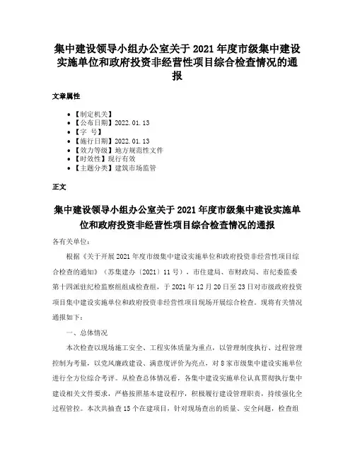 集中建设领导小组办公室关于2021年度市级集中建设实施单位和政府投资非经营性项目综合检查情况的通报