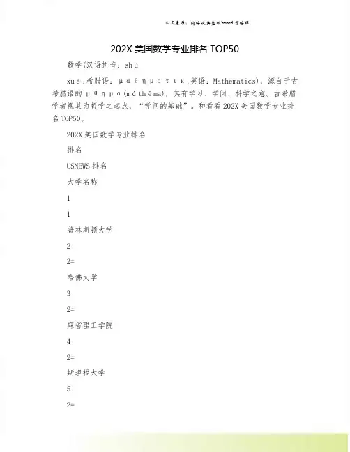 202X美国数学专业排名TOP50