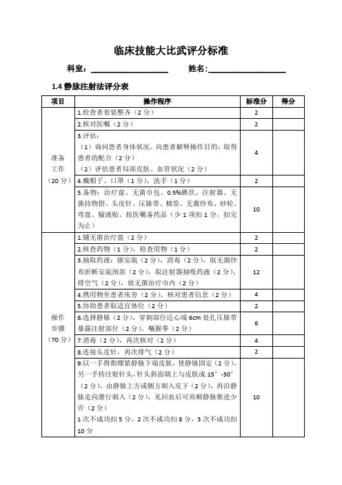 临床技能大比武评分标准：1.4静脉注射法
