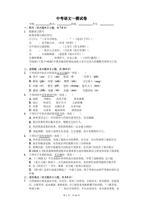 山东省济南市  中考语文一模试卷-(含答案)