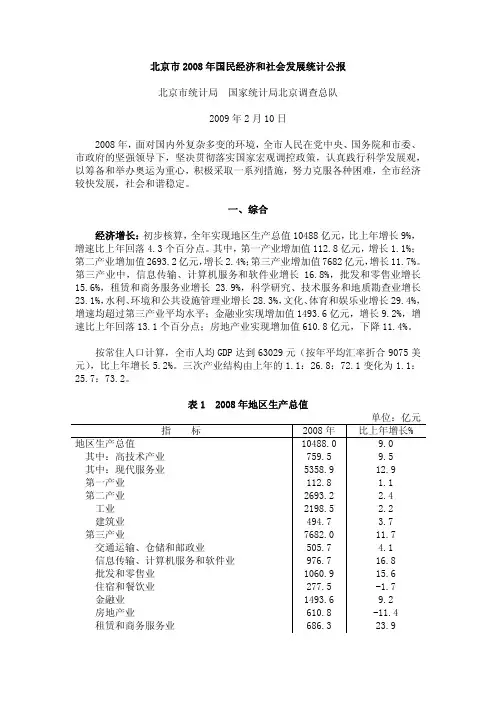 2008年北京市国民经济和社会发展统计公报