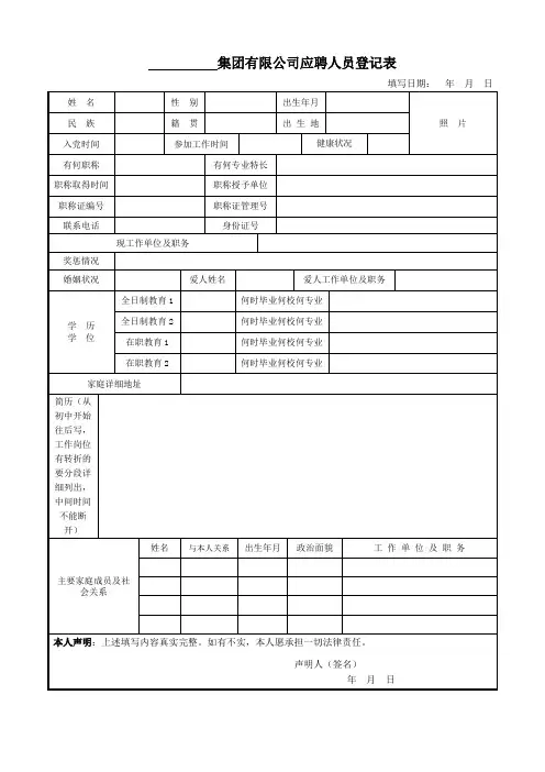 国有企业应聘人员登记表