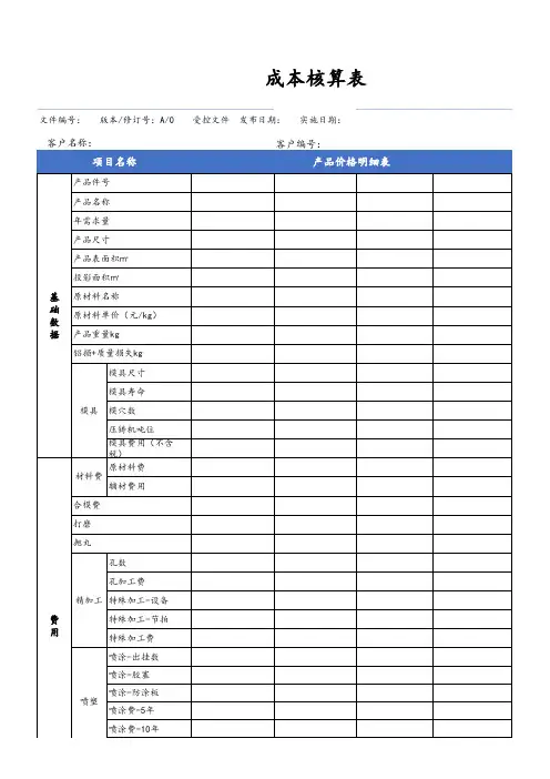 压铸产品成本核算表