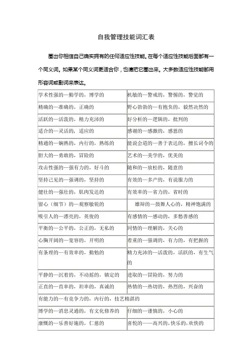 自我管理技能词汇表