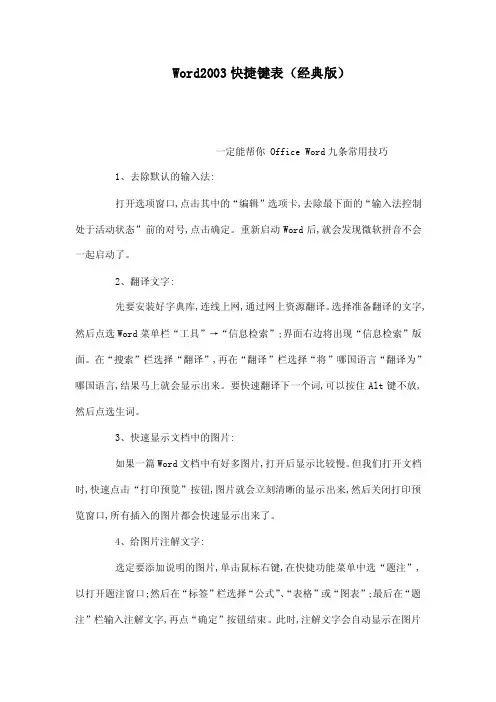 Word2003快捷键表（经典版）