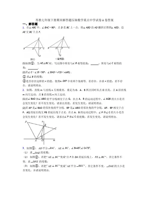 苏教七年级下册期末解答题压轴数学重点中学试卷A卷答案