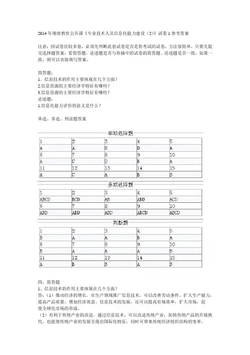 2014年继续教育公共课《专业技术人员信息化能力建设(2)》试卷1参考答案