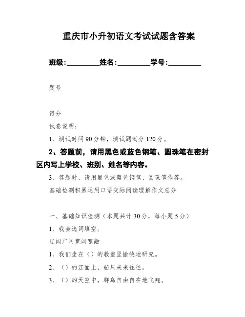 重庆市小升初语文考试试题含答案