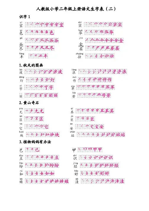 人教版小学二年级语文上册生字表二拼音和笔顺（楷体,绝对经典）