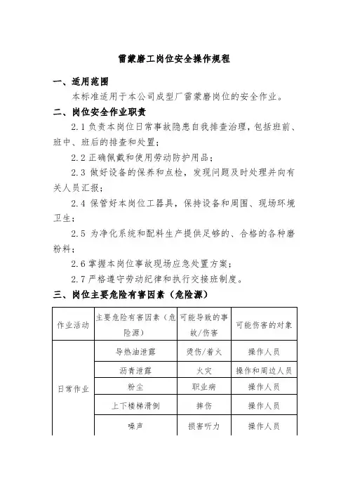雷蒙磨工岗位安全操作规程