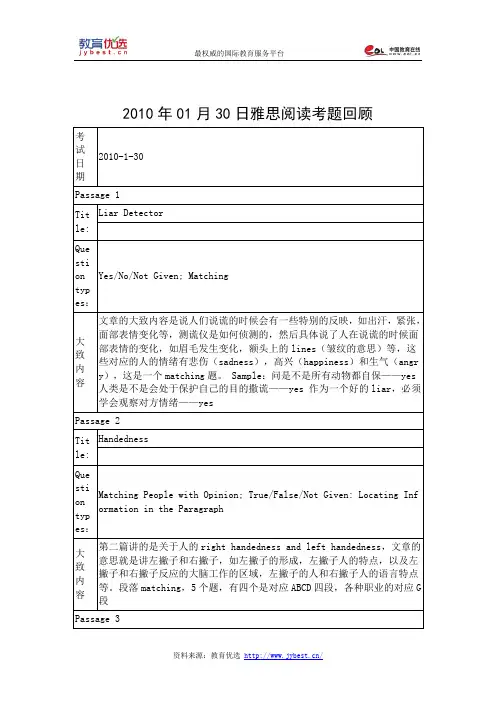2010年01月30日雅思阅读考题回顾