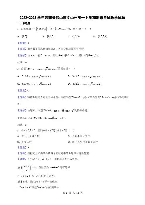 2022-2023学年云南省保山市文山州高一上学期期末考试数学试题(解析版)