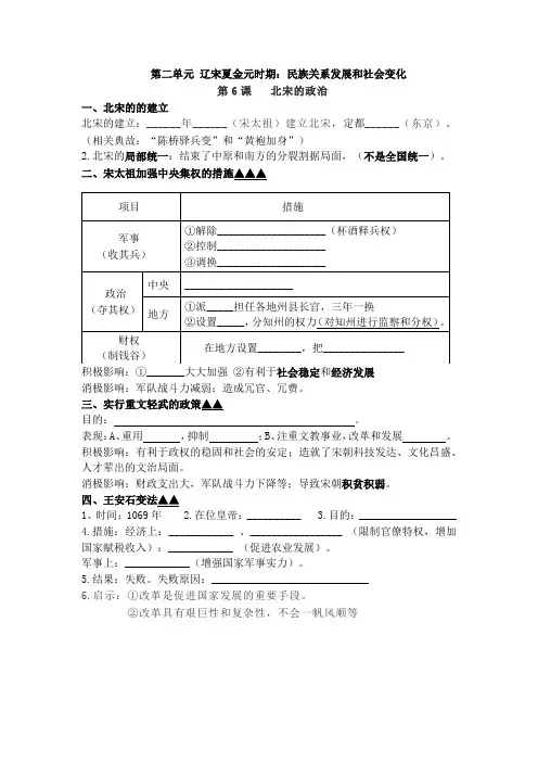 第二单元  辽宋夏金元时期 复习提纲  2022-2023学年部编版七年级历史下册