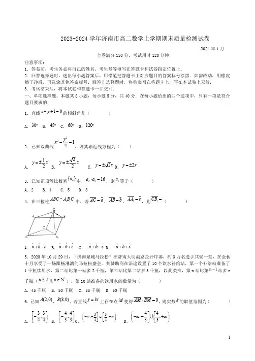 2023-2024学年济南市高二数学上学期期末质量检测试卷附答案解析