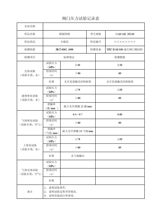 阀门压力试验记录表