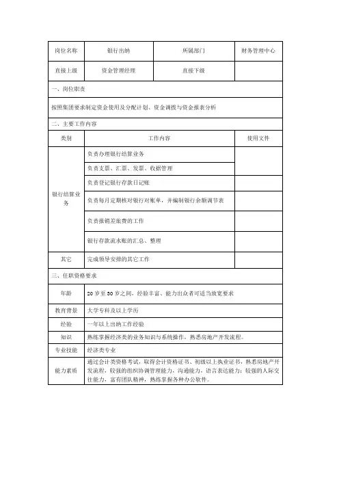 银行出纳岗位说明书