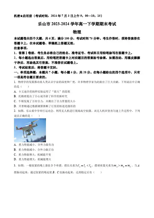 四川省乐山市2023-2024学年高一下学期期末考试物理试题(含答案)