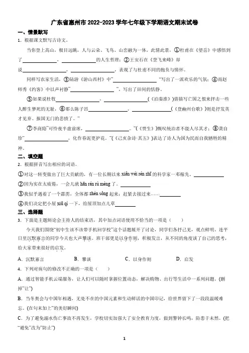 广东省惠州市2022-2023学年七年级下学期语文期末试卷(含答案)4