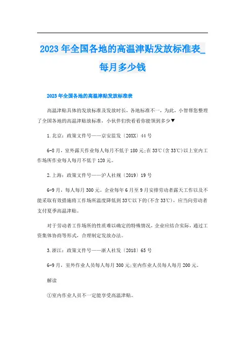 2023年全国各地的高温津贴发放标准表_每月多少钱