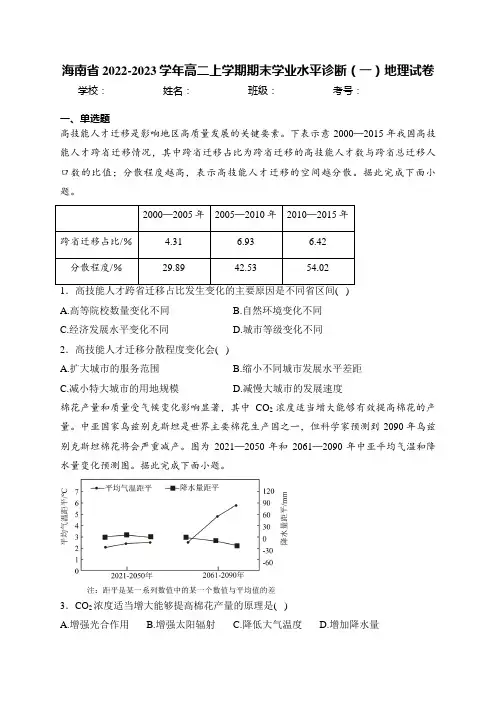 海南省2022-2023学年高二上学期期末学业水平诊断(一)地理试卷(含答案)